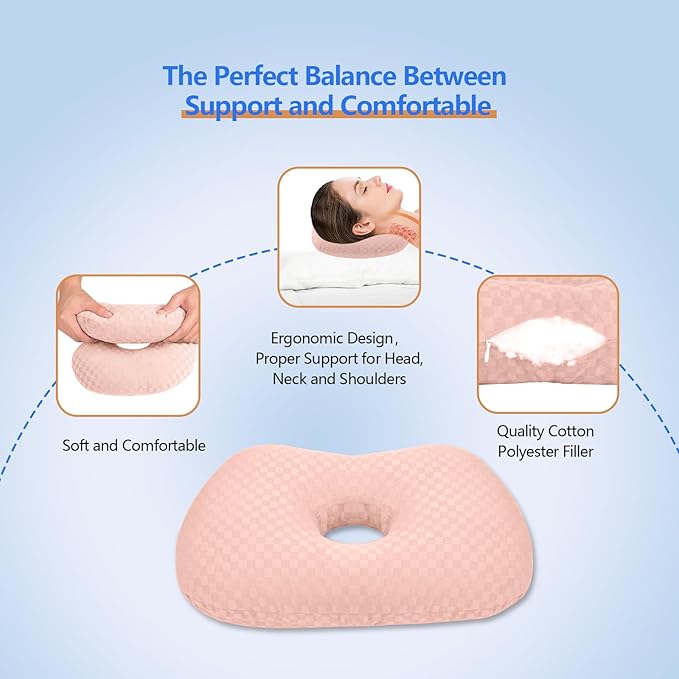 Ear Piercing Hole Pillows Side Sleeper Pillow with an Ear Hole for CNH Side Sleepers and Ear Inflammation Pressure Sores, Adjustable Cotton and Polyester Curved Side Pillow, Pink
