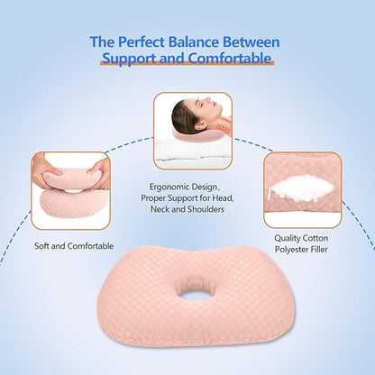 Ear Piercing Hole Pillows Side Sleeper Pillow with an Ear Hole for CNH Side Sleepers and Ear Inflammation Pressure Sores, Adjustable Cotton and Polyester Curved Side Pillow, Pink