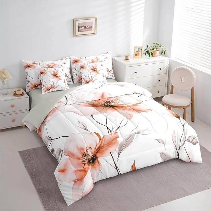 Erosebridal Boho Flower King Comforter Set with Sheets, Orange Floral 7 Pieces Bedding Set for Young Women Girls, Watercolor Flower Artistic Bed in A Bag, Ink Painting Style Blossom & Leaf Bed Sets