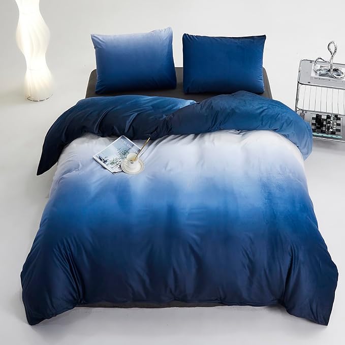 Cottonight Velvet Comforter King Fluffy Navy Blue Flannel Bedding Set Women Men Thick Warm Winter Blanket Quilts Sherpa Micromink Dark Blue Modern Chic Plush Fashion Bedding King