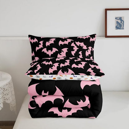 Erosebridal Pink Bat Twin Bedding Sets Halloween Bat Comforter Set Spooky Goth Gothic Animal Quilt Duvet Set Horror Halloween Bedding Collections for Kids Teens Adults