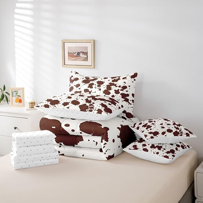 Brown Cow Print Queen Comforter Set 7pcs Farmhouse Animal Bedding Comforter Sets, Wildlife Cowhide Fur Bed in a Bag Modern Abstract Aesthetic Bedding Set, Highland Cow Skin Hair Bed Sheets Set