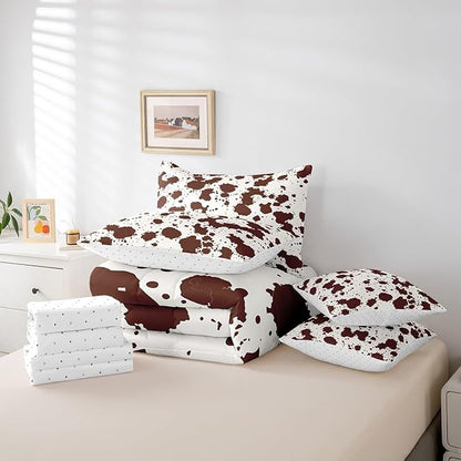 Brown Cow Print Queen Comforter Set 7pcs Farmhouse Animal Bedding Comforter Sets, Wildlife Cowhide Fur Bed in a Bag Modern Abstract Aesthetic Bedding Set, Highland Cow Skin Hair Bed Sheets Set