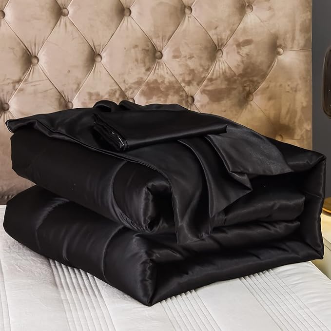 Satin Comforter Set - Black, Silk-Like, Down Alternative, King Size, 1 Comforter + 2 Pillowcases