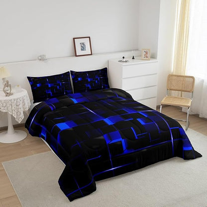 Erosebridal Neon Blue Black Comforter Set Twin Size 2 Piece Geometric Kids Bedding Set Honeycomb Comforter for Teens Women Adult Bedroom Decor, Aesthetics Modern Quilt