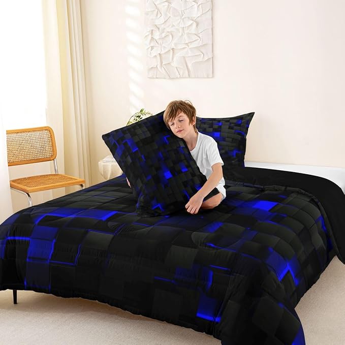 Erosebridal Black Navy Royal Blue Comforter Set Queen Neon Geometric Checkered Bedding Set for Teen Boys Gamer Room Decor,Abstract Stereoscopic Grids Quilt Square Plaid Check Bed Set 3 Pcs
