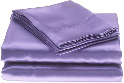 100% Pure Silk Satin Sheet Set 4pcs, Fitted Sheet 15" Deep Pocket Mattress fit, Flat Sheet & Pillowcases Set Soft Silk Sheets|Wrinkle Free Fade Resistant.(Lilac,Queen)