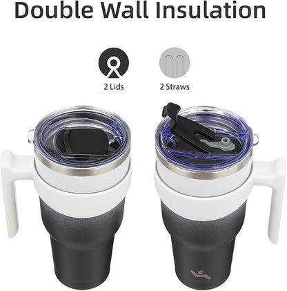 40 oz Tumbler with Handle and 2 Straw 2 Lid, Insulated Water Bottle Stainless Steel Vacuum Cup Reusable Travel Mug,Day Night