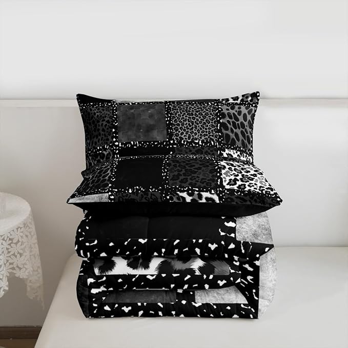 Erosebridal Grey Leopard Print Comforter King Size for Kids Teens Adults,Animal Skin Texture Bedding Set,Patchwork Geometric Duvet Insert,Farmhouse Quilt Bedroom Decor