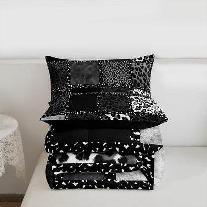 Erosebridal Grey Leopard Print Comforter King Size for Kids Teens Adults,Animal Skin Texture Bedding Set,Patchwork Geometric Duvet Insert,Farmhouse Quilt Bedroom Decor