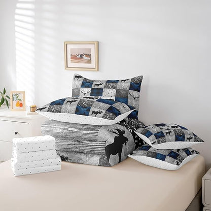 Erosebridal 7 Pcs Hunting Animal Comforter Set Queen Size,Rustic Bear Deer Bed in a Bag with Flat Fitted Sheet for Kids and Adults,Camper Plaid Check Bedding Set with Pillowcases and Cushion Cases