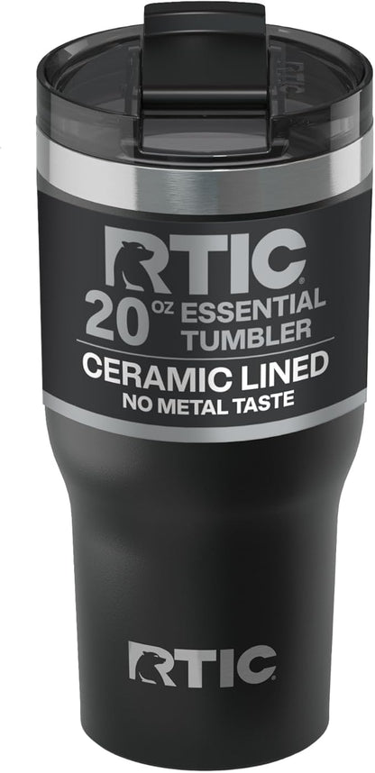 RTIC 20oz Essential Tumbler with Lid, Ceramic Lined, Insulated, Stainless Steel, Metal, Double Wall Vacuum-Insulation, Travel Cup for Iced Coffee, Tea, Hot and Cold Drink, Black
