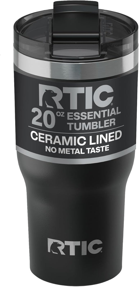 RTIC 20oz Essential Tumbler with Lid, Ceramic Lined, Insulated, Stainless Steel, Metal, Double Wall Vacuum-Insulation, Travel Cup for Iced Coffee, Tea, Hot and Cold Drink, Black