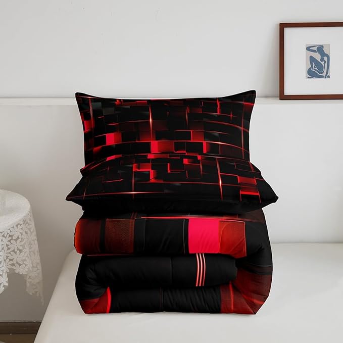 Erosebridal Neon Red Black Comforter Set Full Size, Geometric Kids Bedding Sets 3 Pcs Honeycomb Bed Set Modern Quilt, 1 Comforter 2 Pillow Cases Cool Room Decor All Season B Side Black