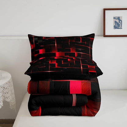 Erosebridal Neon Red Black Comforter Set Full Size, Geometric Kids Bedding Sets 3 Pcs Honeycomb Bed Set Modern Quilt, 1 Comforter 2 Pillow Cases Cool Room Decor All Season B Side Black