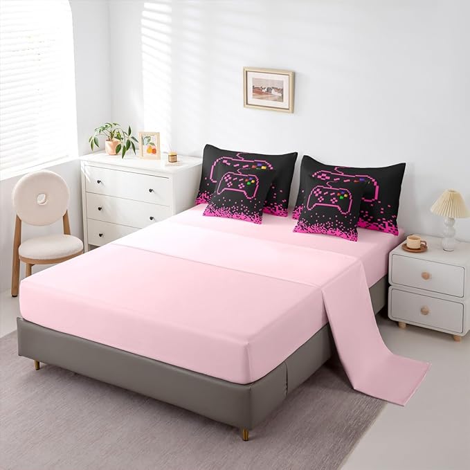 Castle Fairy Gamepad 7 Piece Comforter & Sheet Sets Queen Size,Pixel Miners Games Bedding Set Pink Plaid Patchwork Bed in a Bag Modern Fashion Flat & Fitted Sheets,4 Pillow Covers