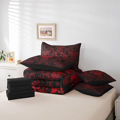 Erosebridal Gothic Damask Comforter Set 7 Piece Bed in a Bag Twin,Butterfly Skull Bedding Sets Red Black Victorian Floral Goth Sheet Set with Comforter