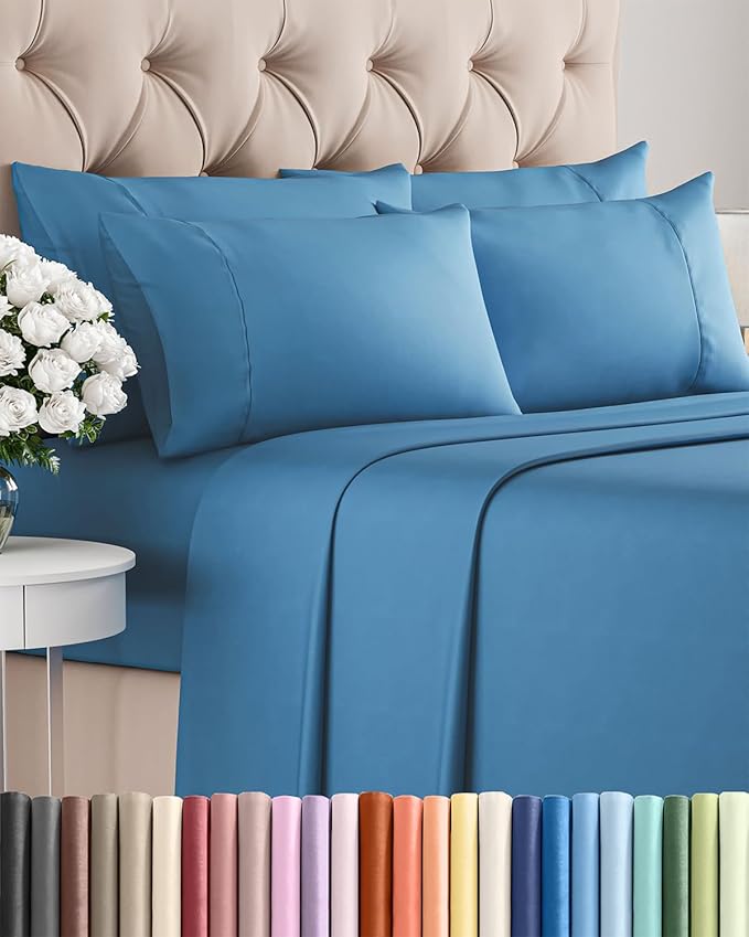 Queen 6 Piece Sheet Set - Comfy Breathable & Cooling - Ultra-Soft Hotel Luxury Bedding Set w/ 8-16 Inch Deep Pockets - 1 Flat & 1 Fitted Sheet & 4 Pillowcases - Wrinkle Free & Easy Care - Denim Blue