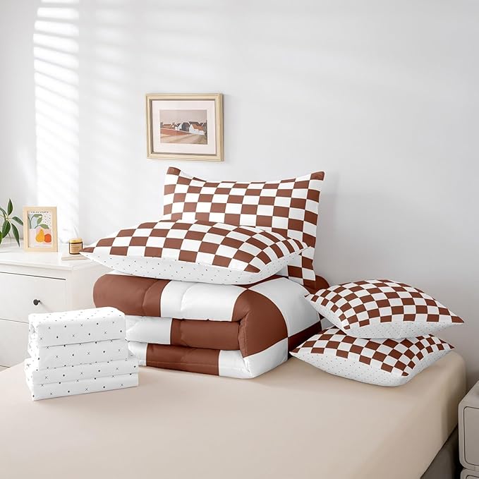 Feelyou Checkered 7 Piece Bedding Set Teen Coffee Brown White Plaid Comforter Set with Sheets Twin Size Kids Boys Cute Retro Neutral Checkerboard Geometric Bed in a Bag Vintage Aesthetic Room Decor