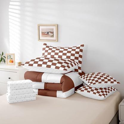 Feelyou Checkered 7 Piece Bedding Set Teen Coffee Brown White Plaid Comforter Set with Sheets Twin Size Kids Boys Cute Retro Neutral Checkerboard Geometric Bed in a Bag Vintage Aesthetic Room Decor