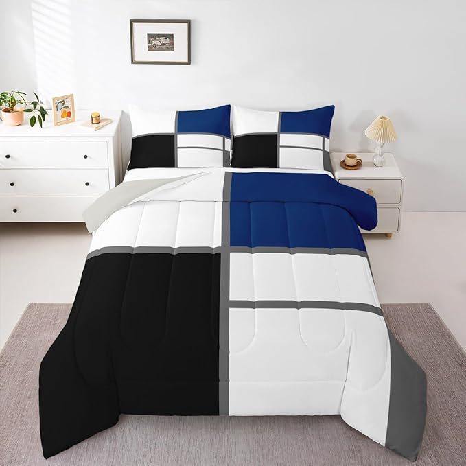 Erosebridal Geometric Abstract Bedding Set Full Size Blue and White Striped Comforter Set for Adult Women Men Square Grid Bed Sets Modern Art Patchwork Duvet Quilt Sets for Minimalist