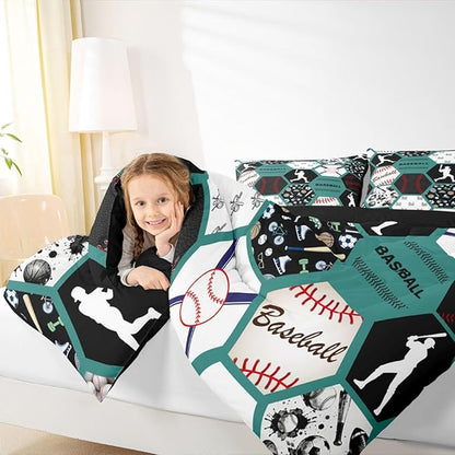 Erosebridal Sports Bedding Set for Kids Boys Girls,Baseball Comforter King,Geometric Hexagonal Honeycomb Comforter Sets,Ball Game Printed Patchwork Duvet Insert with 2 Pillowcases,Green White Black
