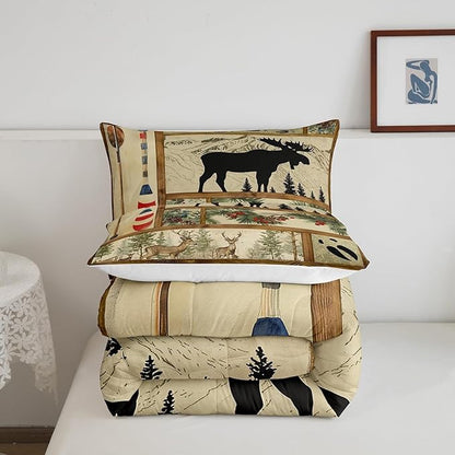 Retro Cabin Lodge Decor Comforter Set Full, Rustic Farmhouse Moose Bedding Comforter Sets, Lake House Decor Paddle Bedding, Woodland Pine Tree Down Comforter, Buffalo Plaid Quilt with 2 Pillowcases