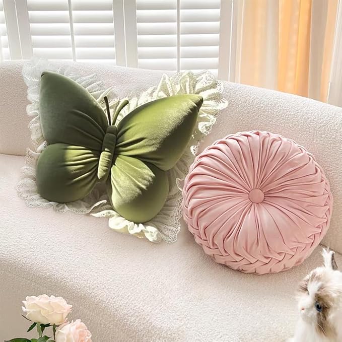 Butterfly Throw Pillow,21.6 inch Velvet Butterfly Decorative Pillow with Lace Trim,Animal Pillow for Couch Living Room Bed,Home Garden Decor (Green)