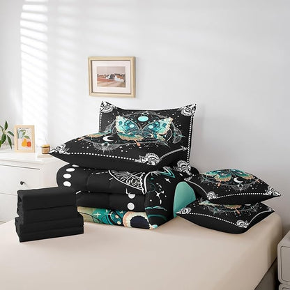 Feelyou Death Moth Bedding Set With Comforter, Skull Decor Comforter Full Size 7Pcs Halloween Decorations Bed in a Bag with Comforter, Boho Moth Gothic Flat Sheet, Fitted Sheet, Pillowcases Room Decor