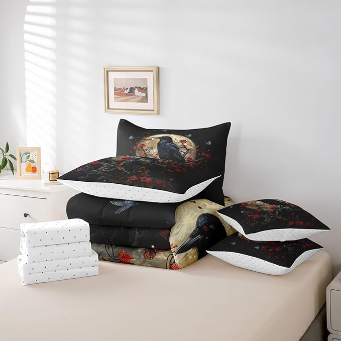 Erosebridal Gothic Red Rose King Comforter Set with Sheets,Butterfly Flower 7 Piece Bedding Set Crow Halloween Decorations for Bedroom,Goth Moon and Floral Bed in a Bag with Pillowcases & Shams