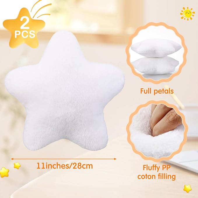2 Pcs 11 Inch Star Pillow Decorative Star Shaped Throw Pillow Gift Cute Aesthetic Soft Plush Floor Cushions Room Decor for Bedroom Living Room Sofa Bed(White)