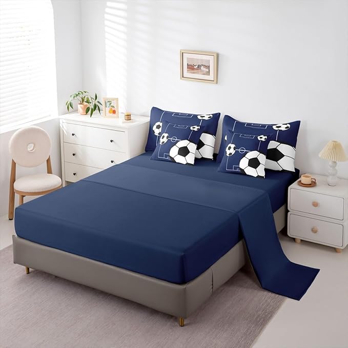 Erosebridal Football Bedding Set King Size 7 Pieces Boys Sports Theme for Teens Soccer Ball Pattern Bed in a Bag Football Court Comforter Set with Sheets Playground Blue White for Kids Girls