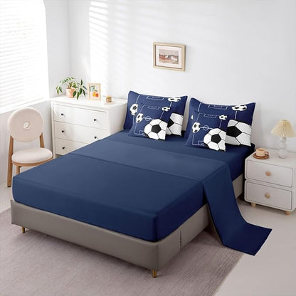 Erosebridal Football Bedding Set Twin Size 7 Pieces Boys Sports Theme for Teens Soccer Ball Pattern Bed in a Bag Football Court Comforter Set with Sheets Playground Blue White for Kids Girls