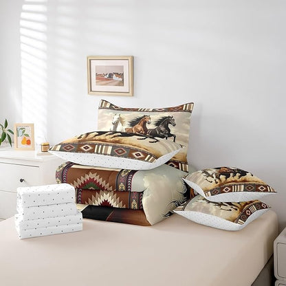 Erosebridal Horse 7 Piece Bedding Set Queen Size,Southwestern Aztec Bed in a Bag,Ethnic Mexican Bed Set Includes Comforter, Sheet Set, Pillowcases & Pillow Covers All Season Bedroom Decor
