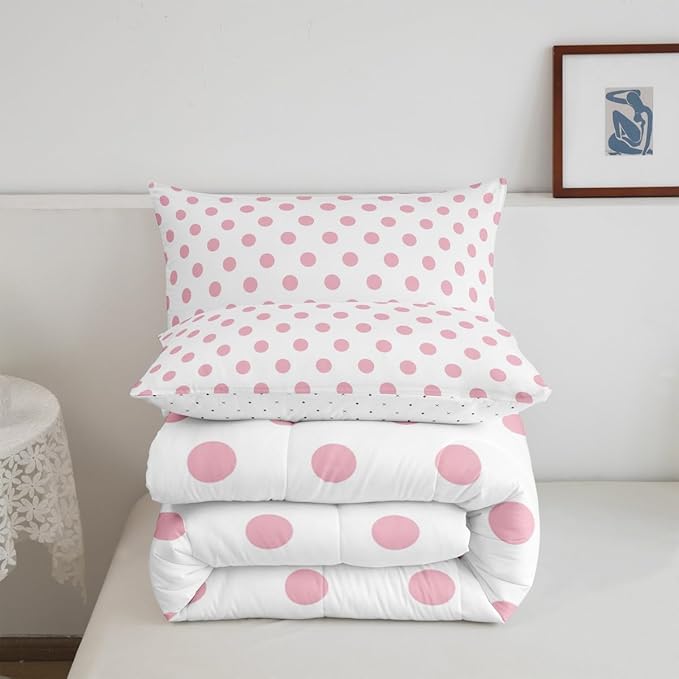 Manfei Pink Polka Dots Comforter Set Toddler Size,French Style Dots Cartoon Cute Girly Bedding Set for Kids Teens,Geometric Circles Pink White Simple Art Comforter,2 Pcs 1 Pillowcase
