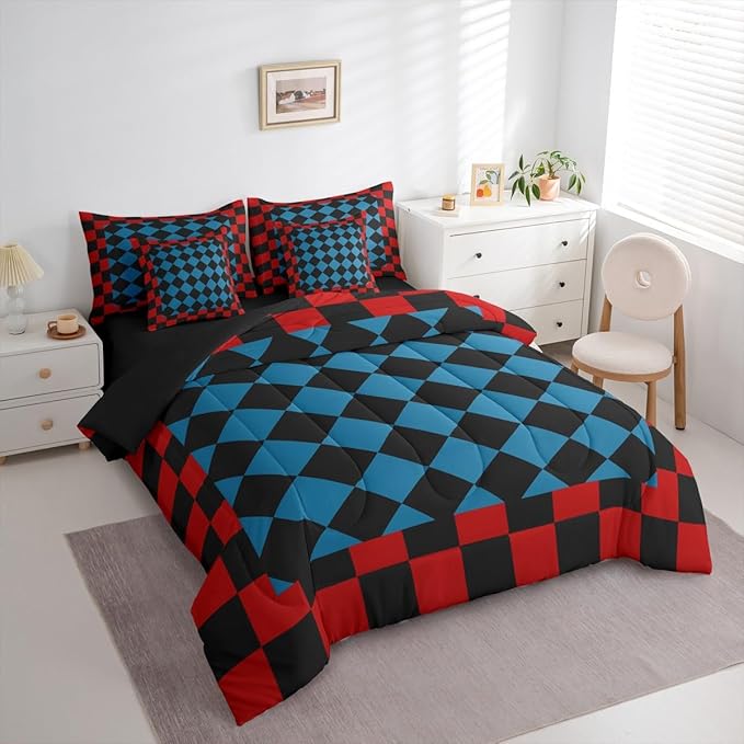 Feelyou Checkered Retro King Comforter Set with Sheets for Kids Boys Girls Red Blue Black Plaid 7 Pieces Bedding Set Geometric Vintage Bed in a Bag Modern Simple Groovy Aesthetic Room Decor Soft