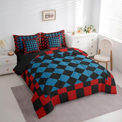 Feelyou Checkered Retro King Comforter Set with Sheets for Kids Boys Girls Red Blue Black Plaid 7 Pieces Bedding Set Geometric Vintage Bed in a Bag Modern Simple Groovy Aesthetic Room Decor Soft