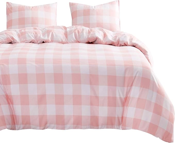 Wake In Cloud - Gingham Comforter Set, Plaid Buffalo Check Checkered Cottagecore Cute Geometric, Soft Lightweight Bedding, 3 Pieces, Pink, Queen Size