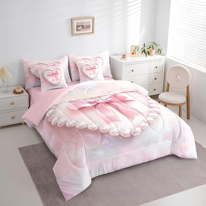 jejeloiu Girls Silk Bow 7 Piece Bedding Set Full Size Pink Pearl Comforter Set with Sheets for Kids Women Princess Style Bed in a Bag Pink Ombre Bed Set