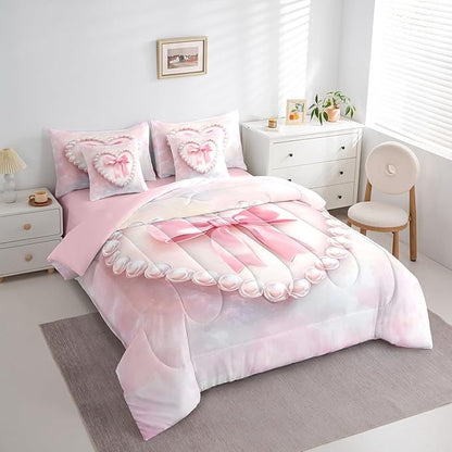 jejeloiu Girls Silk Bow 7 Piece Bedding Set Full Size Pink Pearl Comforter Set with Sheets for Kids Women Princess Style Bed in a Bag Pink Ombre Bed Set