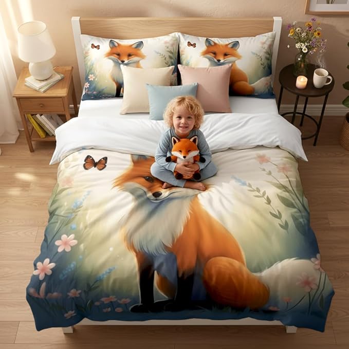 Fox Comforter Set Twin Size, Cute Animal Print Bedding Set for Kids Bedroom Decor/68 * 86