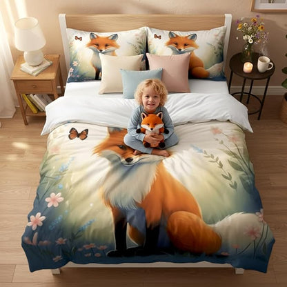 Kids Fox Comforter Set Full Size, Cute Animal Print Bedding Set, 3 Pieces Country Fairy Tale Bedroom Decor with 2 Pillowcases, 79''x 90''