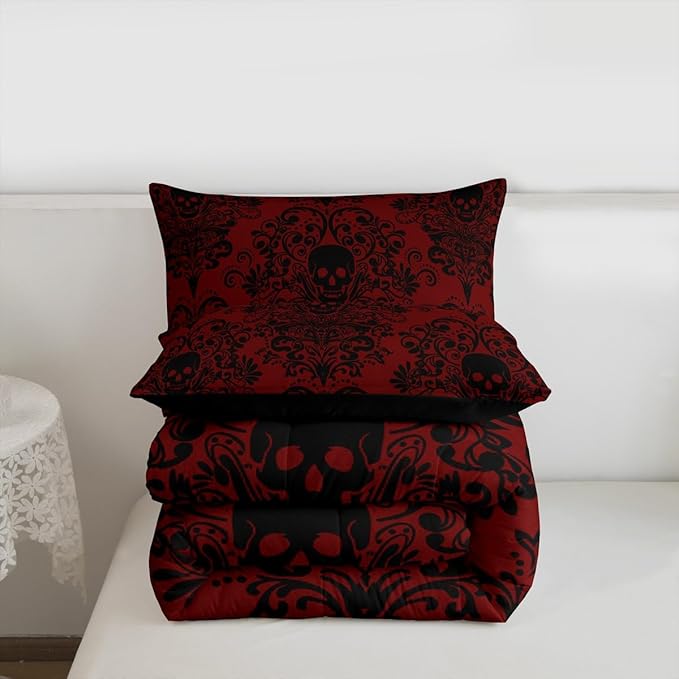 Feelyou Adults Gothic Skull Bedding Set Twin Size Kids Damask Print Comforter Goth Bohemian Duvet Breathable Soft Lightweight Microfiber Black Red Room Decor with 1 Pillowcase