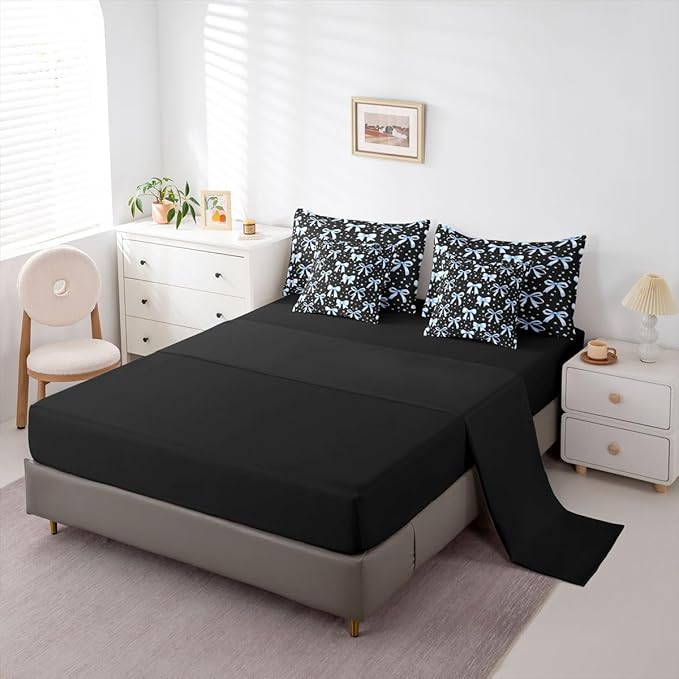 Erosebridal Kids Girls Bowknot Bow Black Blue Y2K Full Comforter Set 7 Pieces | Kawaii Cute Bed in A Bag for Bedroom Starry Dreamy Bedding Set with Comforters Princess Room Decor