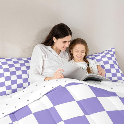 Feelyou Checkered Retro Comforter Set Queen Size Purple Plaid Bedding Set for Kids Boys Girls Geometric Vintage Duvet Quilt Modern Simple Groovy Aesthetic Bedroom Decor 3 Pcs with 2 Pillow Cases