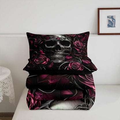 Erosebridal Gothic Skull Bedding Set for Adluts Kids Teens Goth Comforter Full Size Vintage Victorian Romantic Hot Pink Rose Floral Quilt Spooky Grunge Skeleton Boho Horror Bedding,Gothic Decor