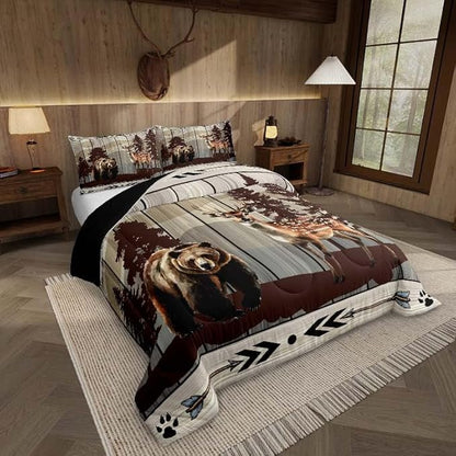 Feelyou Cute Bear Comforter Set Wild Animal Pattern Bedding Set for Teens Deer Wildlife Bear Bedding Set Western Farmhouse Grey Duvet Set Room Decor Toddler Size Duvet Set 2Pcs