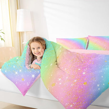 Feelyou Pink Rainbow Comforter Set Toddler Size Glitter Galaxy Bedding Set for Kids Boys Girls Colorful Duvet Quilt Lovely Kids Rainbows Bedroom Decor Multicolor Microfiber 2 Pcs with 1 Pillow Cases