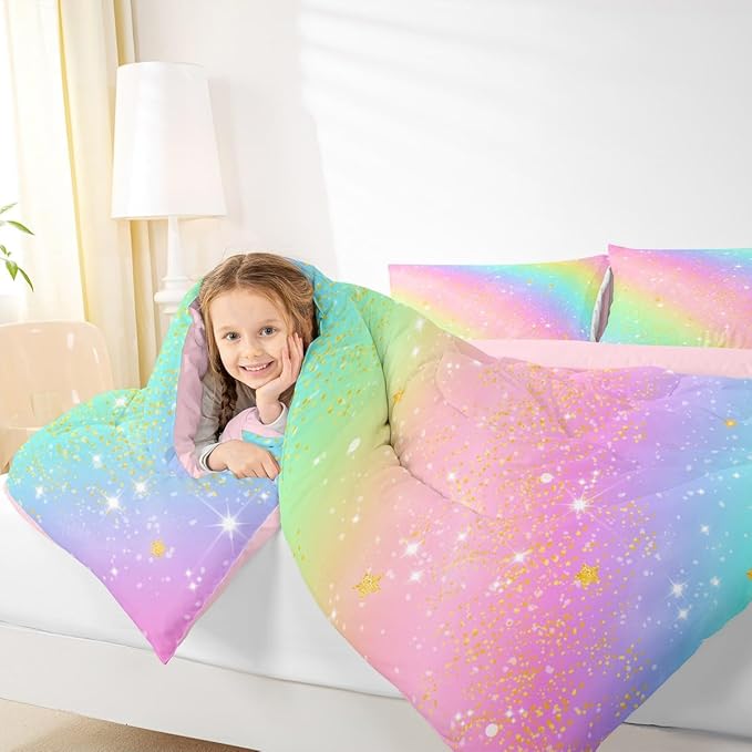 Feelyou Pink Rainbow Comforter Set King Size Glitter Galaxy Bedding Set for Kids Boys Girls Colorful Duvet Quilt Lovely Kids Rainbows Bedroom Decor Multicolor Microfiber 3 Pcs with 2 Pillow Cases