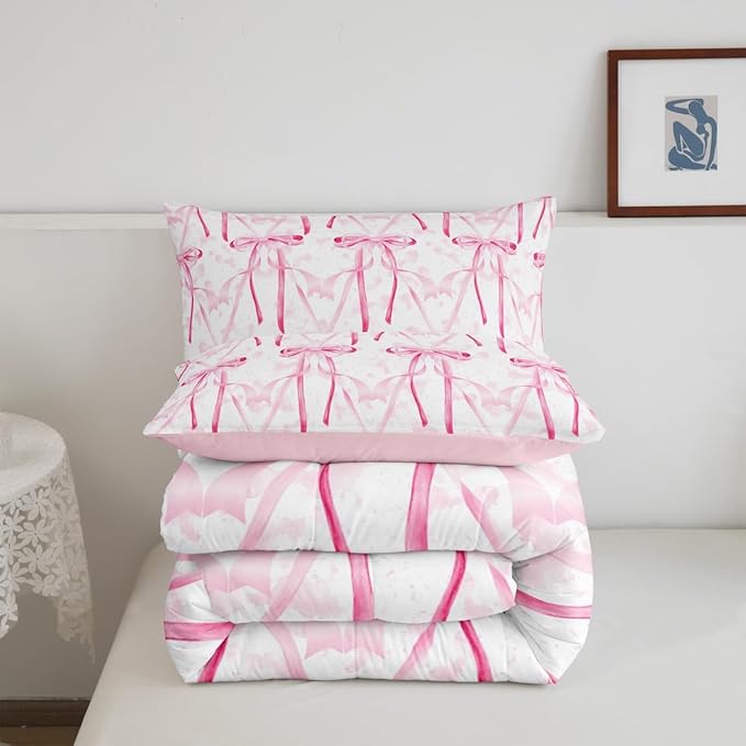 Feelyou Pink Girls Bow Comforter Set King Size Cute Bowknot Bedding Set Bow Comforter Kawaii Duvet Set Bow and Stripes Quilt Set 3Pcs